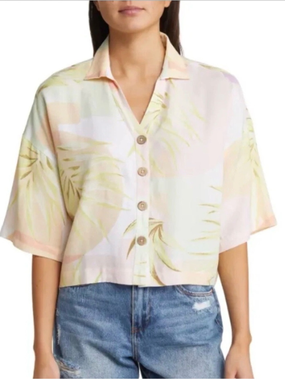 Rip Curl Montego Bay Tropical Linen Blend Cropped Button Camp Shirt Sz M Beach